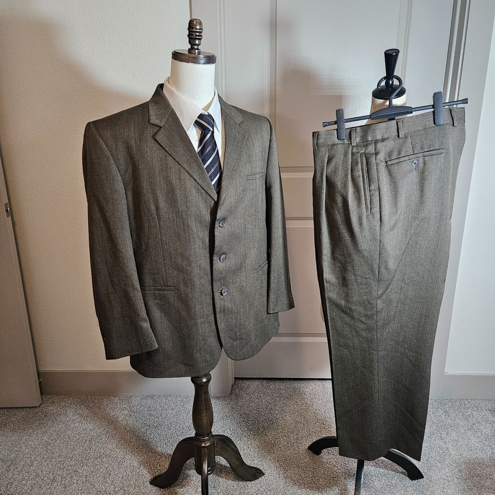 JF J.‎ Ferrar 2PCs Suit Blazer Men 44S Pants 38x26 Wool Blend Textured Brown